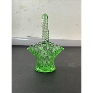 Vintage Green Glass Basket Miniature Woven Pattern Handle Trinket Dish